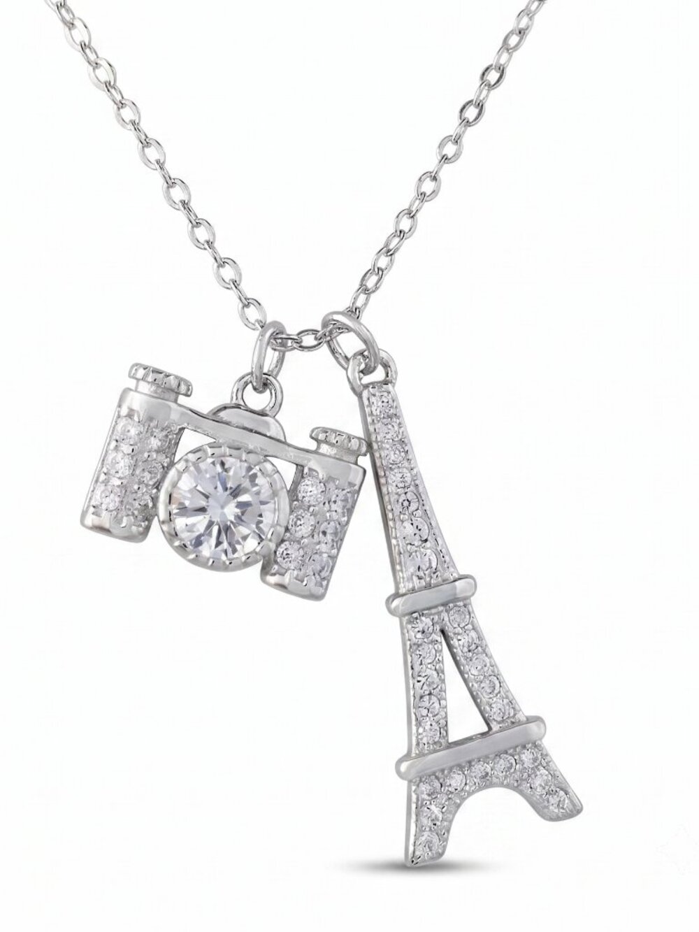 Paris Eiffel Tower and Camera Necklace, 925 Sterling Silver